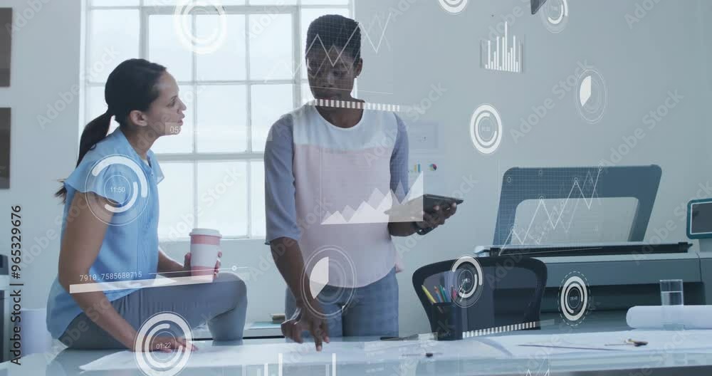 Aufkleber animation of financial data processing over diverse colleagues discussing work in office