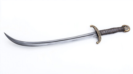 High quality photo of a pirates curved cutlass sword on a white background. Historical events isolated on white. Photo realistic photo.
