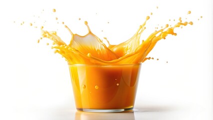 liquid, thirst-quenching, natural,orange juice, citrus fruit, summer, splash, tilted angle, isolated, Orange juice splash isolated on a white background captured at a tilted angle