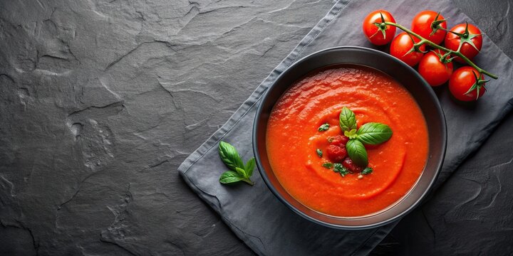Cold tomato soup gazpacho or salmorejo in a black bowl over dark grey slate or stone background Bird s Eye View, Bird's Eye View, dark grey,cold, tomato soup, salmorejo, background, slate