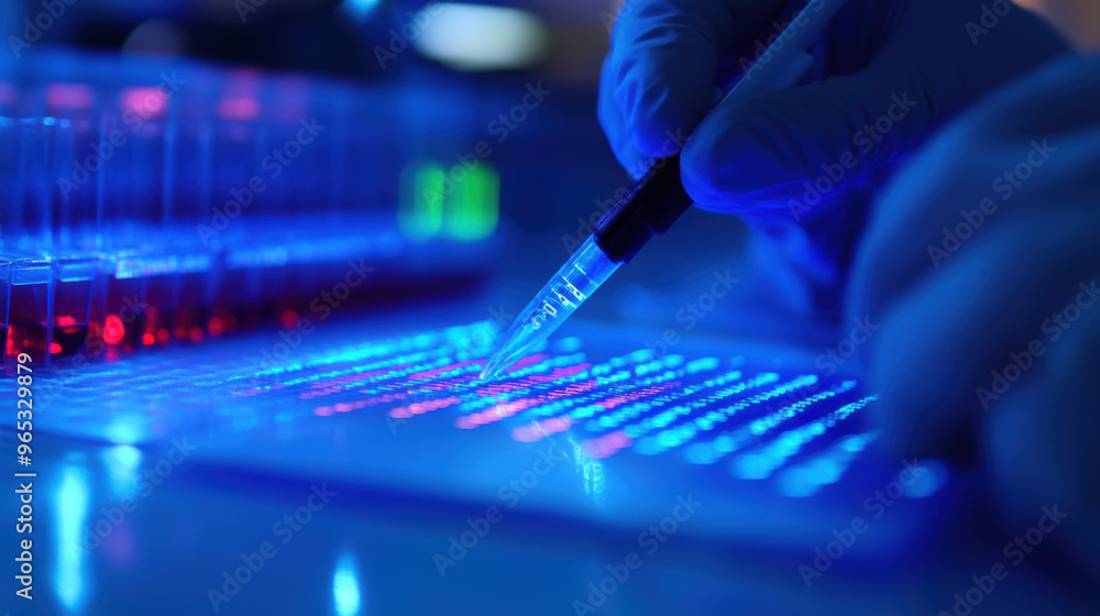 Poster close up of gene editing tool, showcasing pipette in use with illuminated samples. vibrant colors hi