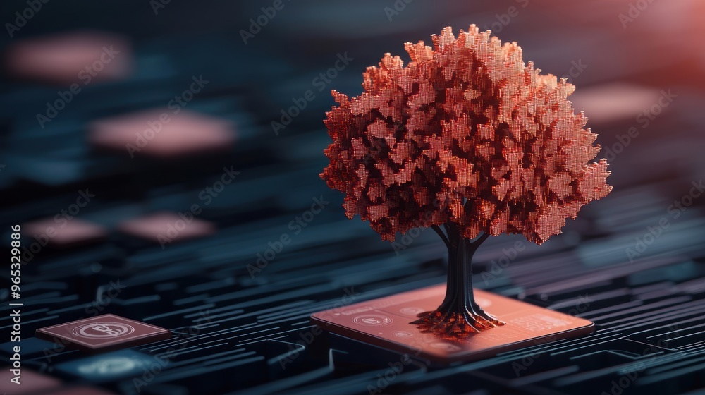 Poster futuristic holographic currency tree for digital wealth expansion - abstract with copy space and sel