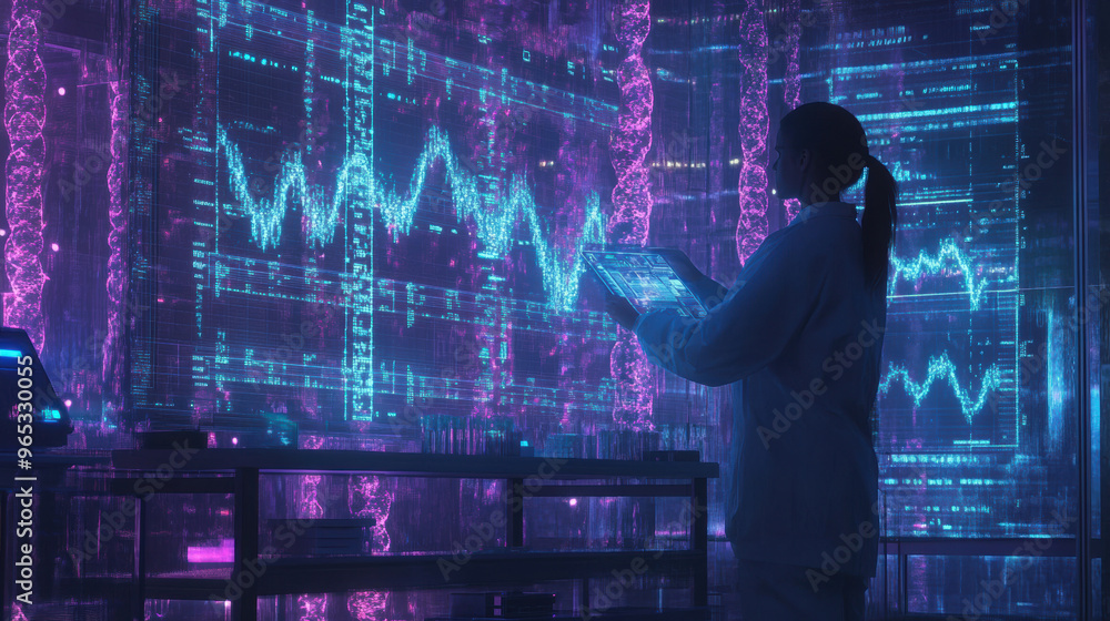 Poster a scientist in high tech biotech lab is analyzing dna data on digital tablet, surrounded by vibrant 