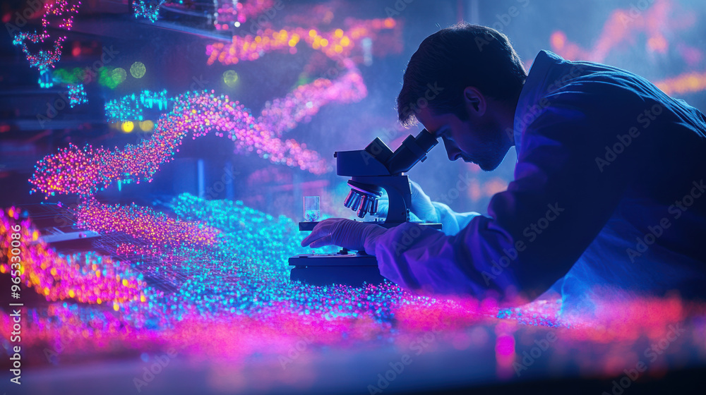 Poster a scientist in high tech biotech lab is intently analyzing dna under microscope, surrounded by vibra