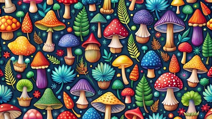 Close up of a colorful and cute mushroom pattern wallpaper with a detailed depiction of various types of mushrooms and vibrant colors, cute, whimsical, organic, decorative, mycology