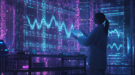 A scientist in high tech biotech lab is analyzing DNA data on digital tablet, surrounded by vibrant holographic displays. atmosphere is filled with innovation and advanced technology