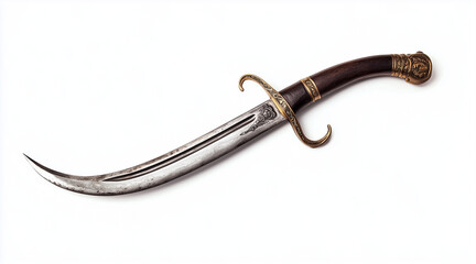 Obraz premium High quality photo of a pirates curved cutlass sword on a white background. Historical events isolated on white. Photo realistic photo. 