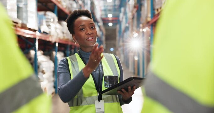 Logistics, leader and woman in warehouse with tablet for online checklist in export distribution plant. Inventory, inspection and project manager in factory with team, digital app and collaboration