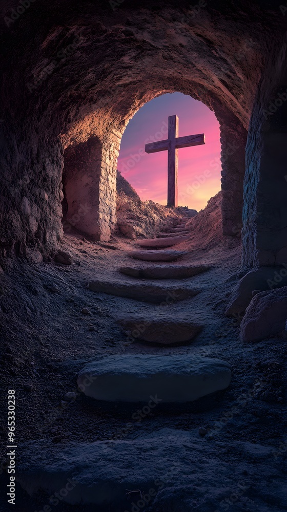 Wall mural A Stone Tomb with a Wooden Cross at Sunset