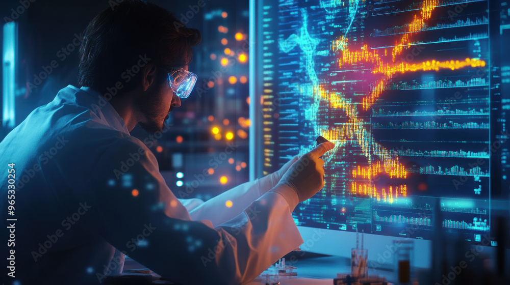Poster a scientist in high tech biotech lab is analyzing dna data on large screen, showcasing vibrant graph