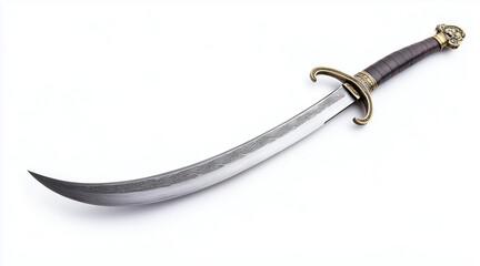 High quality photo of a pirates curved cutlass sword on a white background. Historical events isolated on white. Photo realistic photo.
