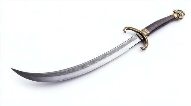 High quality photo of a pirates curved cutlass sword on a white background. Historical events isolated on white. Photo realistic photo.
