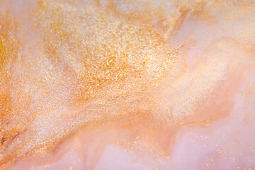 Fototapeta premium Colorful liquid paint abstract background. White and pink acrylic paints with golden glitter