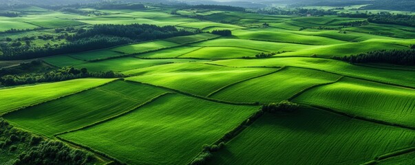 Rolling hills covered in a patchwork of vibrant green farmland, depicted in watercolor style. 