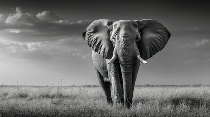 Naklejka premium A Black and White Portrait of a Large African Elephant in the Savanna