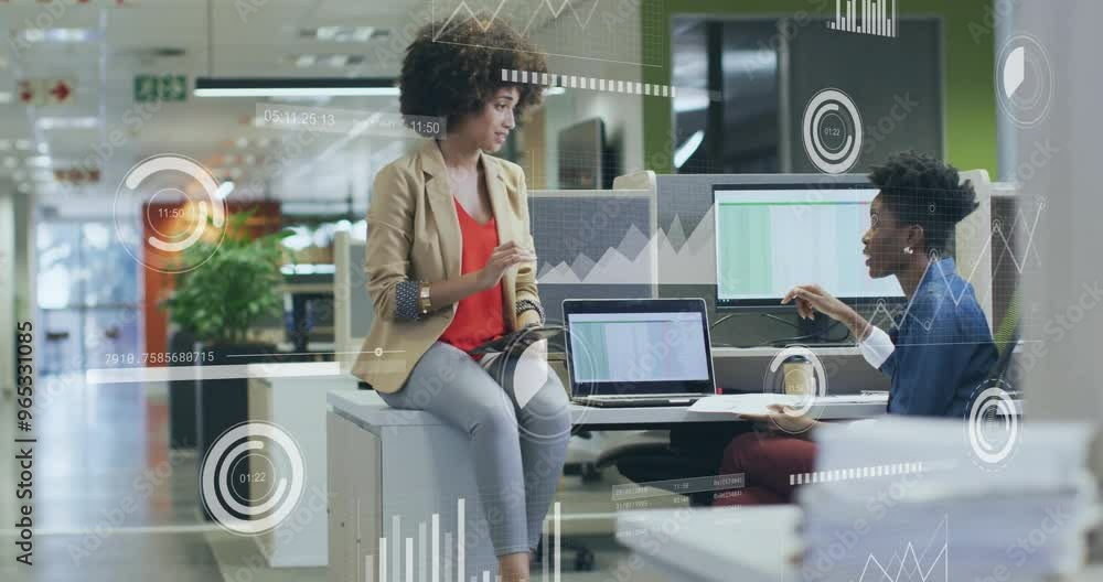 Aufkleber animation of financial data processing over diverse colleagues discussing work in office