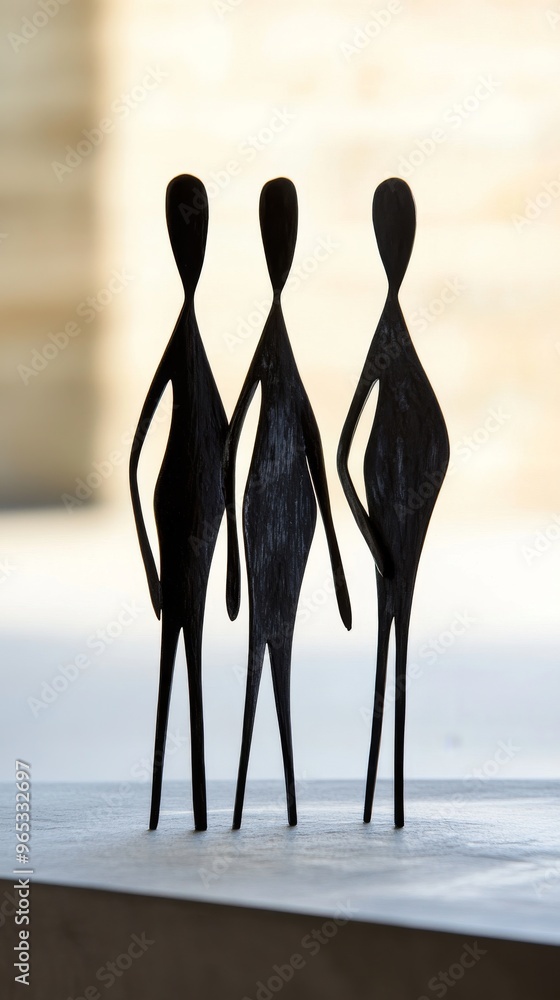 Poster abstract metal sculptures of three figures on display