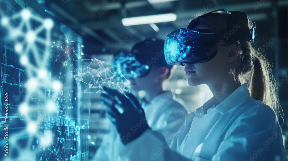 Poster immersed in virtual reality, biotech researchers manipulate complex data visualizations, showcasing 