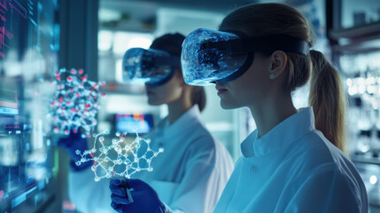 Innovative biotech researchers are utilizing virtual reality technology to manipulate molecular structures in modern laboratory setting. Their focus on advanced research showcases intersection of scie