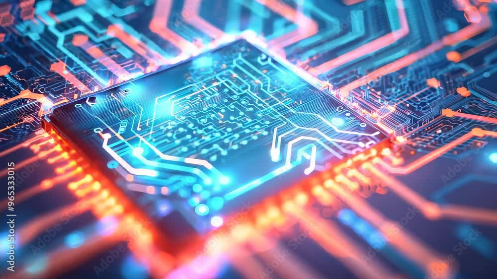 Poster close-up view of a modern microchip on a circuit board