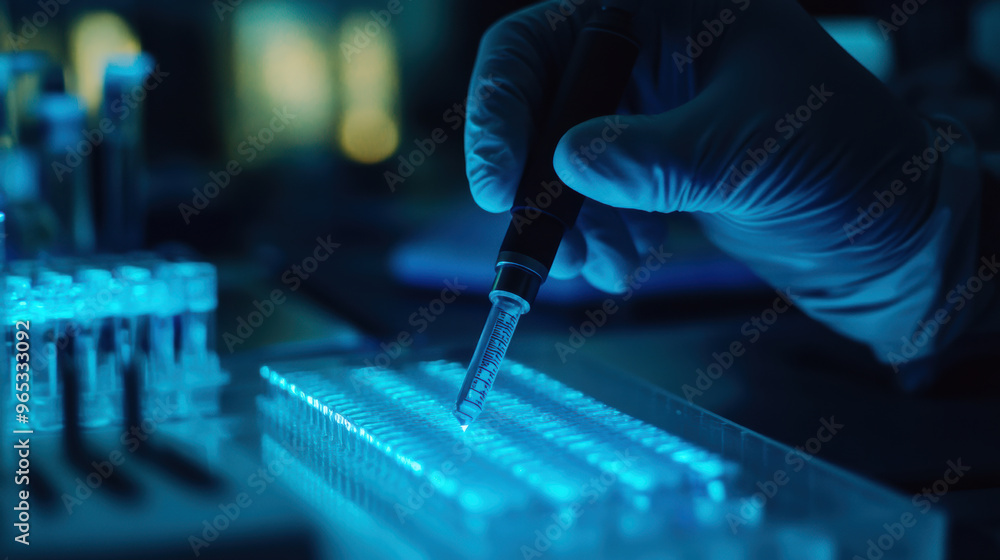 Poster close up of hand using pipette to transfer liquid in laboratory setting, showcasing advanced scienti