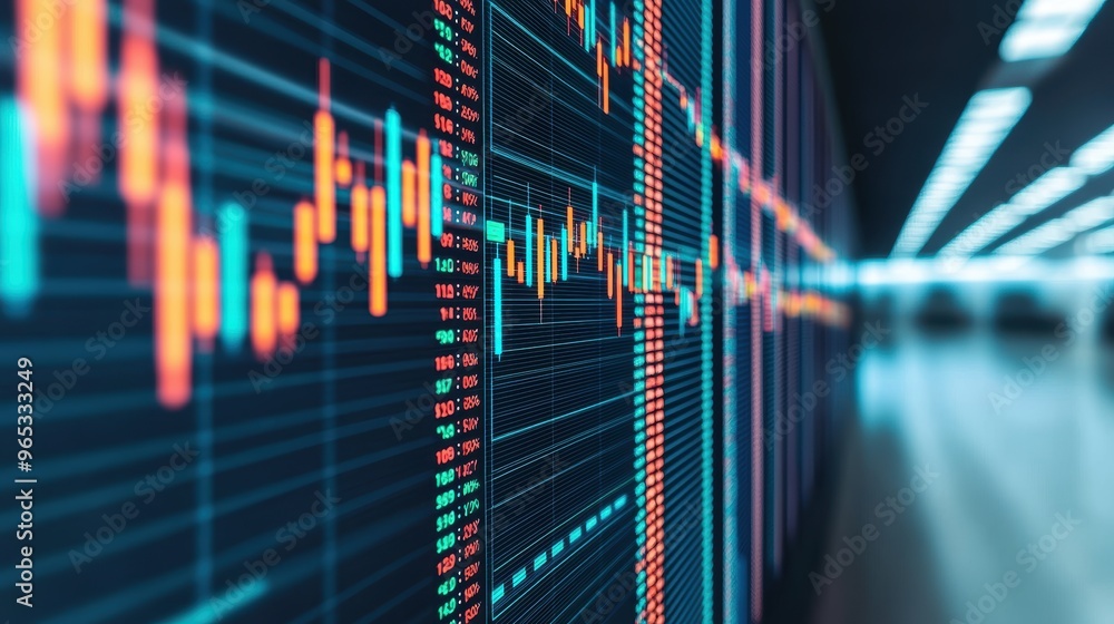 Poster futuristic holographic financial chart with floating data points in trading room