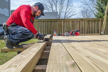 A landscaper building a custom wooden deck in a backyard. He&rsquo;s measuring and cutting the wood for a perf, Generative AI 