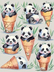 Obraz premium Cute Baby Pandas in Ice Cream Cones - Adorable Watercolor Illustrations for Kids and Nursery Decor