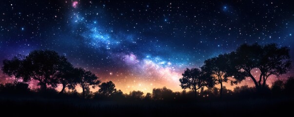 Fototapeta premium A starry night with a vast open sky and silhouetted trees, rendered in watercolor style