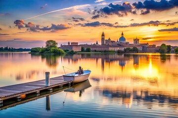 Fototapeta premium picturesque, reflection., scenic, Lombardy, serene, historical, sunset, Mantua skyline at sunset featuring a medium shot of a pier and a boat creating a serene and picturesque scene