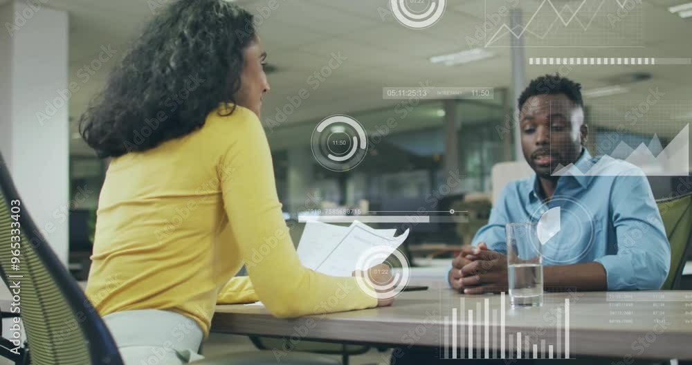 Poster animation of financial data processing over diverse colleagues discussing work in office