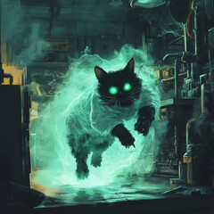 Fototapeta premium A mystical black cat with glowing green eyes leaps through swirling green mist in laboratory setting, creating an enchanting and eerie atmosphere