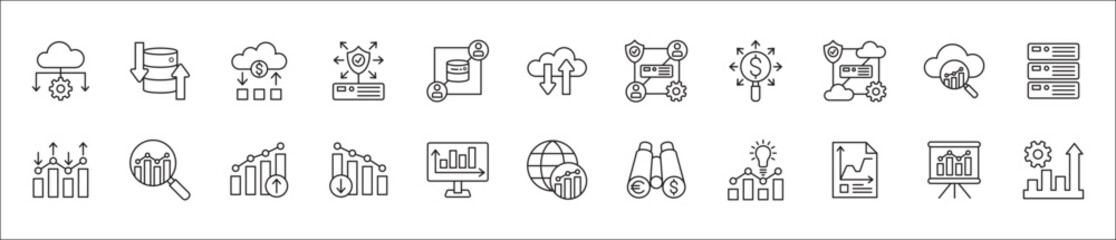 Business data, statistic and security related icon set. Contains icons of chart, analytic, database, protection, cloud, computing, research, authority, sales, market. Thin line vector illustration.