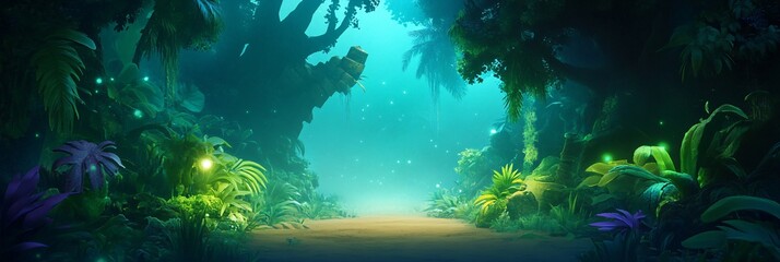 Obraz premium A vibrant and mystical jungle scene with lush greenery and atmospheric lighting.