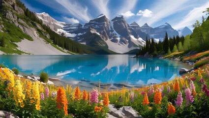  A majestic mountain range with snow-capped peaks, surrounded by vibrant wildflowers and a crystal-clear lake reflecting the sky