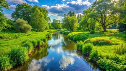 A serene and picturesque view of a small stream meandering through vibrant lush green vegetation creating a panoramic landscape, scenic, wilderness, flora, water, vegetation, green, rural