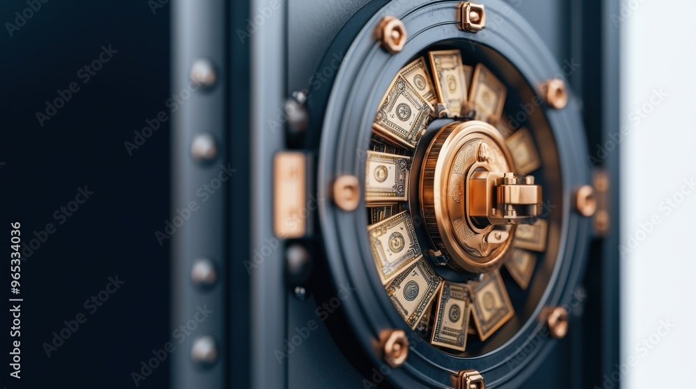 Poster diverse currency in bank vault symbolizing financial security - with copy space and selective focus 