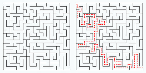 A maze game. square labyrinth with a solution