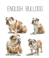 Bulldog dog in different poses watercolor style, vector illustration, isolated in white background