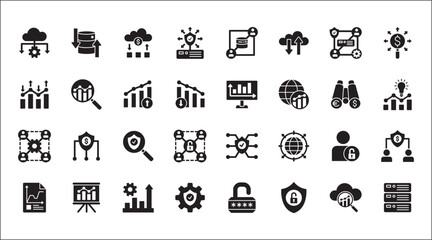 Business data, statistic and security related icon set. Contains icons of chart, analytic, database, protection, cloud, computing, research, authority, sales, market. Flat solid vector illustration.