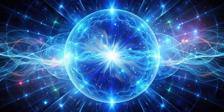 blue, power, cosmic, vibrant, space, plasma, force field, protection, stars, universe, illuminated, barrier, A mesmerizing blue glowing multidimensional plasma force field in space