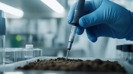 Close-up of a techniciana??s hand inserting a pH probe into a soil sample in a modern lab environment