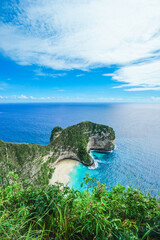 Tropical island with green cliff and urquoise water at Kelingking Beach, Nusa Penida, Bali. © Balnyes Visuals