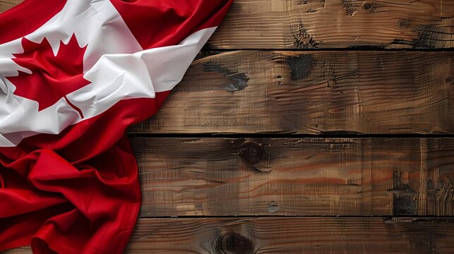 Elegant Canadian flag tablecloth draped on a rustic wooden table background, creating a classic, homely feel with ample space for Canada Day text