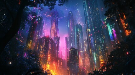 A close-up shot of a bioluminescent forest intertwined with futuristic city skyscrapers