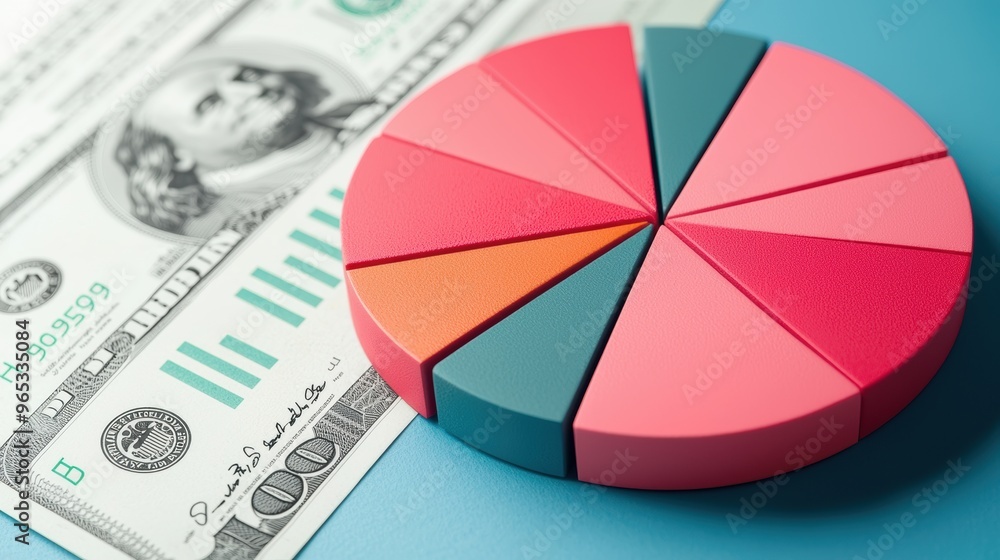 Poster Financial Distribution Pie Chart with Currency Slices | Copy Space for Text, Selective Focus |
