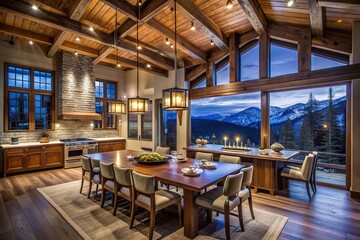 symmetrical, cabin, fireplace, chairs, dining table,cozy, night, kitchen, A cozy symmetrical mountain lodge kitchen and dining area at night featuring modern elements and rustic charm
