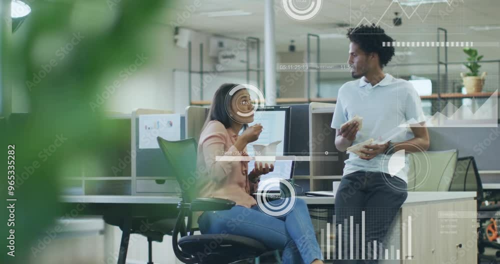 Aufkleber animation of financial data processing over diverse colleagues discussing work in office