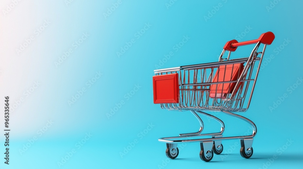 Poster digital shopping cart with virtual money - with copy space and selective focus in