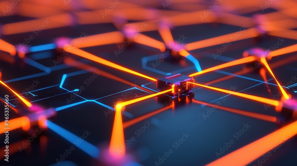 Poster Futuristic Simulation of Glowing Energy Grid with Interconnected Power Lines in Quality